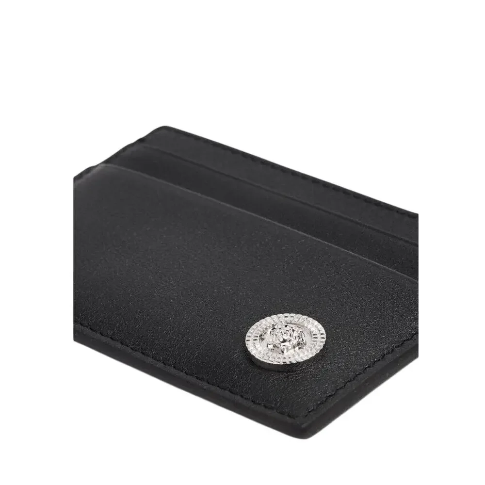 NIB Versace Medusa Silver Biggie Black Leather Credit Card Holder